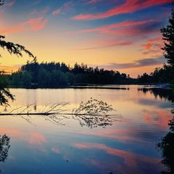 Scenic view of lake against sky at sunset