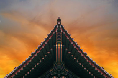 High section of temple roof against clouds
