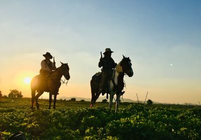 Men riding horses against sky during sunset