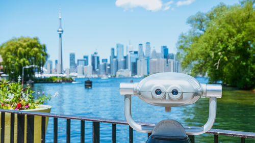 Panoramic view of toronto skyline with water line