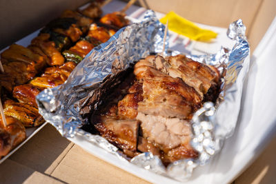 High angle view of food served in plate