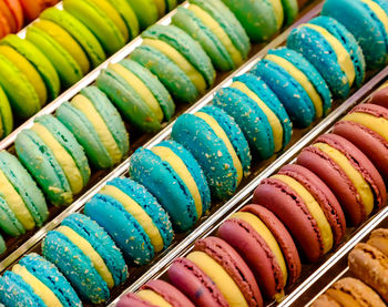 Full frame shot of colorful macaroons at store