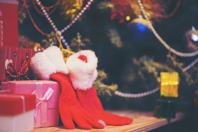 Close-up of christmas tree and presents