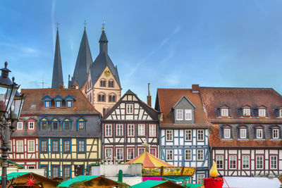 View of historic half-timbered houses with christmas market in gelnhausen, germany