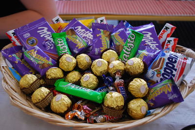 High angle view of candies in basket