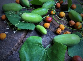 High angle view of fruits and leaves