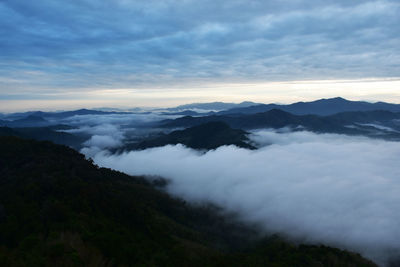 Scenic view of mountains against sky during sunset