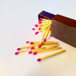 Close-up of multi colored pencils against white background