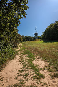 Footpath amidst trees against clear sky