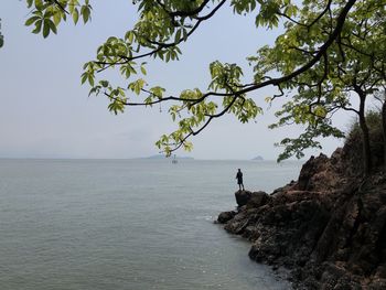 Scenic view of rocks in sea against sky