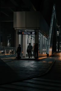 Rear view of people walking in illuminated city