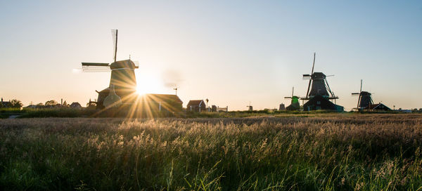 Traditional windmills on field against clear sky during sunset