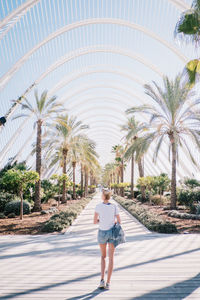 Rear view of woman walking towards walkway amidst palm trees