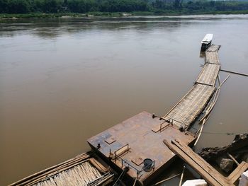 High angle view of boat moored in lake