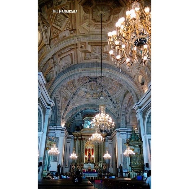 indoors, architecture, place of worship, built structure, ceiling, transfer print, arch, religion, spirituality, chandelier, ornate, low angle view, church, hanging, interior, auto post production filter, architectural column, incidental people, architectural feature