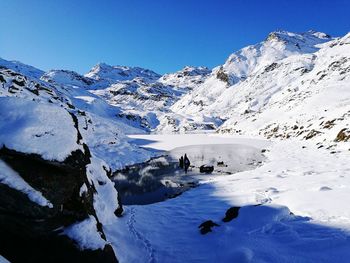 Scenic view of snowcapped mountains against clear blue sky