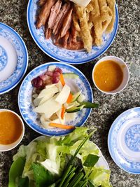 High angle view of meal served on table