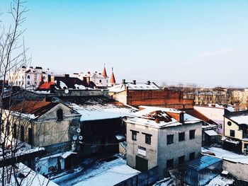 High angle view of houses in town