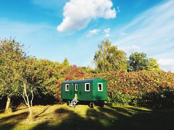 Train by trees against sky