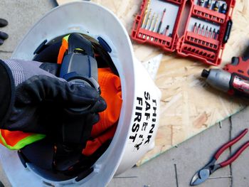 High angle view of red container in box