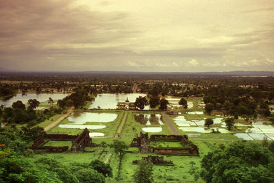 High angle view of buildings against sky