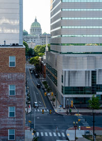 View of city street and modern buildings