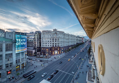High angle view of city street against sky