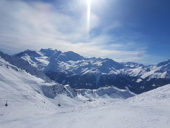 Scenic view of snowcapped mountains against sky