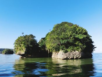 Scenic view of sea against clear blue sky