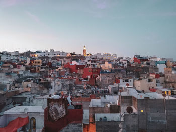 High angle view of buildings in city