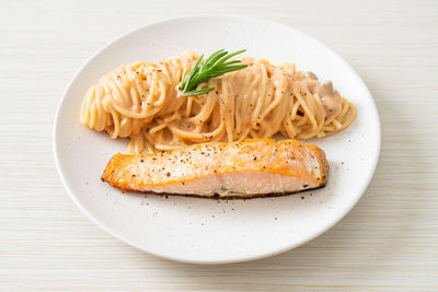 High angle view of food in plate on table