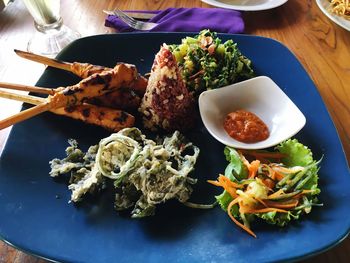 High angle view of food in plate on table