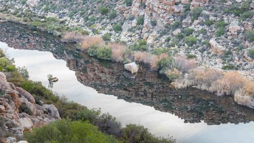 High angle view of waterfall on rock formation