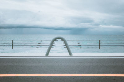 Railing by sea against sky