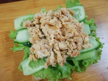 High angle view of salad in plate on table