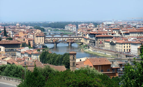 High angle view of river amidst buildings in city against sky