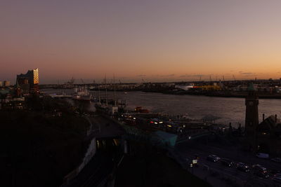 High angle view of bridge over city against sky during sunset