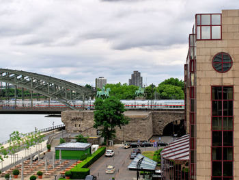 View of bridge over river against cloudy sky