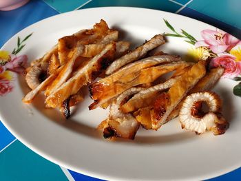 High angle view of food in plate on table