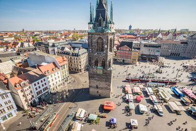 High angle view of street amidst buildings in city