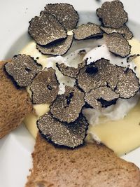 Tartufo di alba italia in fonduta su crostini di pane croccanti 