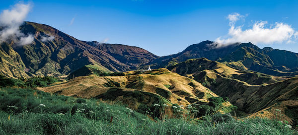 Abandoned buddhist temple among mountains near aso volcano in kyushu, japan