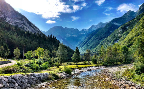 Scenic view of trees and mountains against sky