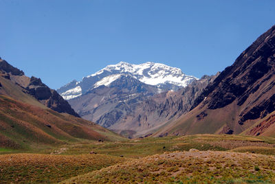 Scenic view of snowcapped mountains against clear blue sky