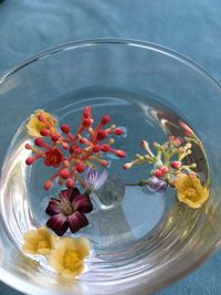 High angle view of water lilies in glass bowl on table