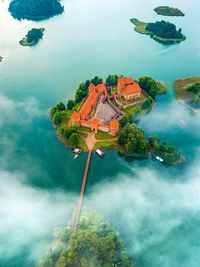 Aerial view of palace in lake