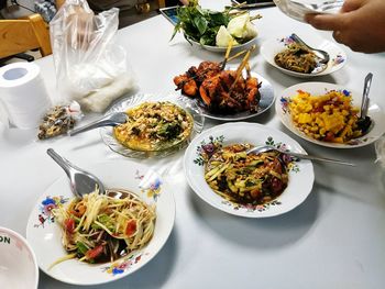 High angle view of food served on table