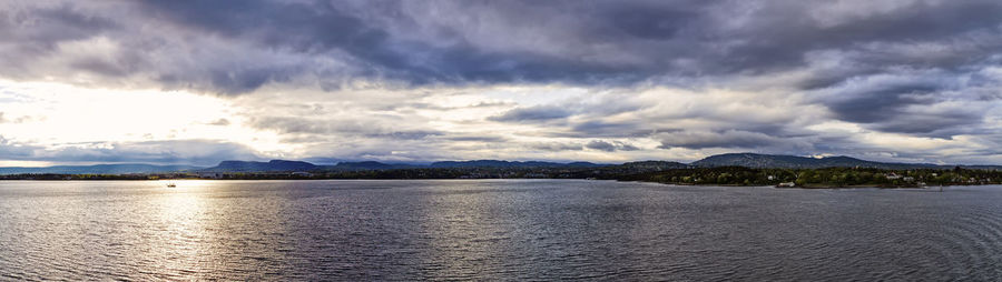 Panoramic view of lake against sky during sunset