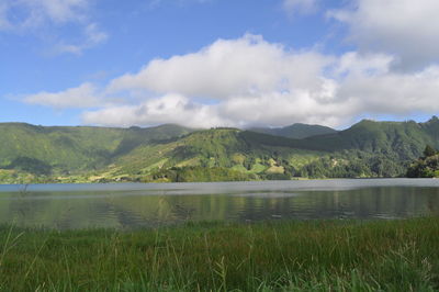 Scenic view of lake against cloudy sky