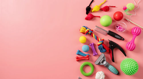 Pet care concept, various pet accessories, toys, balls, brushes on pink background with copy space